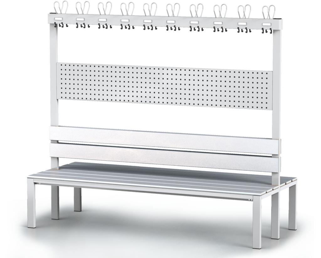 Oboustranná lavice s opěradlem a věšáky, PVC latě - základní provedení 1800 x 2000 x 830